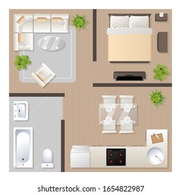 Apartment design with furniture top view, architectural plan, kitchen, bathroom, bedroom and living room, vector illustration