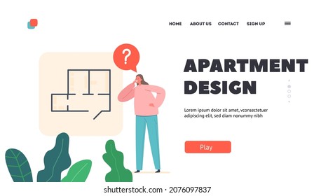 Apartment Design Landing Page Template. Happy Female Character Choose Layout. Woman Stand At Floor Plan Of New Home Thinking Of Accommodation. Girl Buying House. Cartoon People Vector Illustration