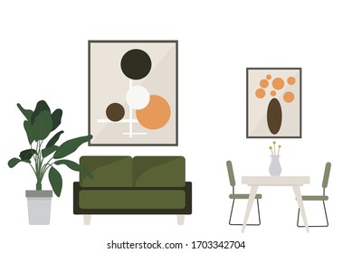 Apartment design. Vector stock apartment in flat style. Nice interior. Modern apartment, table chairs flower in a pot. The paintings on the wall. Vase of flowers. Green sofa. vector design template