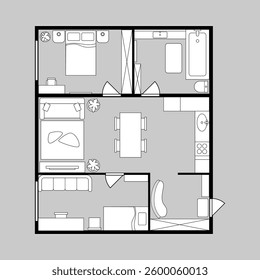 Apartment or dwelling floor plan. Vector house or home interior design and planning of renovation. Architectural schematic placement of furniture and property housing details of blueprint