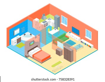 Apartment Family Rooms Interior with Furniture Isometric View Concept Plan or Project Living Home. Vector illustration of Bedroom, Kitchen and Bathroom