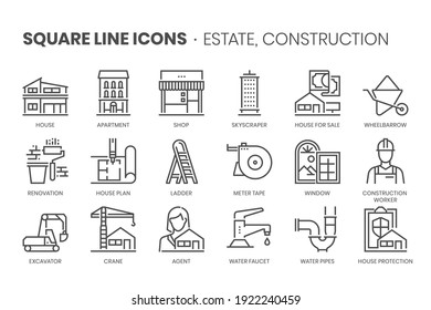 Apartment Flat Related, Pixel Perfect, Editable Stroke, Up Scalable Square Line Vector Icon Set. 