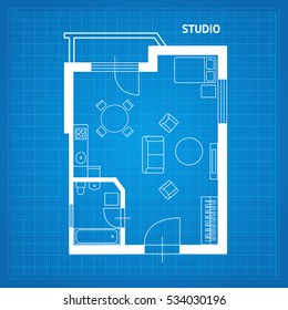 Apartment Floor Line Plan Studio Blueprint With Furniture. Vector Illustration