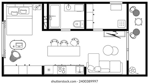 Apartment floor plan. Architecture micro studio plan of condominium, flat, house. Interior design of kitchen, living room, bedroom and bathroom. Furniture elements set. 2D top view
room layout. Vector