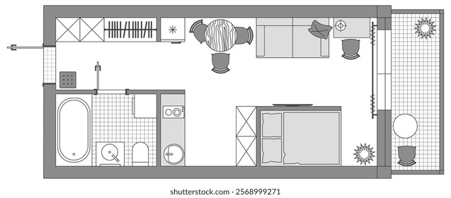 Plano de piso do apartamento. Arquitetura micro plano de estúdio de condomínio, apartamento, casa. Design de interiores de cozinha, sala de estar, quarto e banheiro. Conjunto de elementos de móveis. Vista superior 2D
layout da sala. Vetor