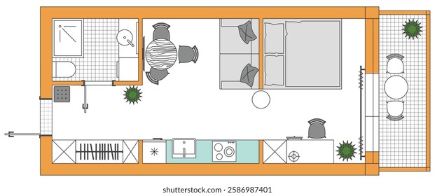 Plano de piso do apartamento. Plano de microestúdio de arquitetura de condomínio. Design de interiores de cozinha, sala de estar, quarto e banheiro. Conjunto de elementos de móveis. Vetor