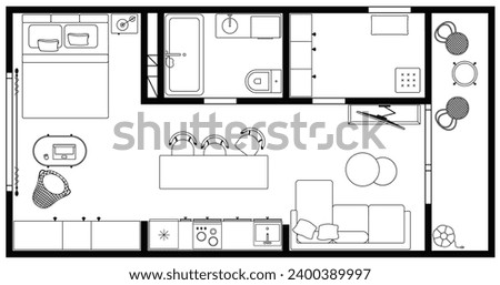 Apartment floor plan. Architecture micro studio plan of condominium, flat, house. Interior design of kitchen, living room, bedroom and bathroom. Furniture elements set. 2D top view
room layout. Vector