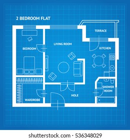 Apartment Floor Plan Blueprint With Furniture Top View. Vector Illustration