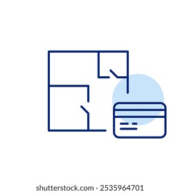 Apartamento planta e cartão de crédito. Pagamento de hipotecas, compra de imóveis. Ícone de vetor perfeito de pixel