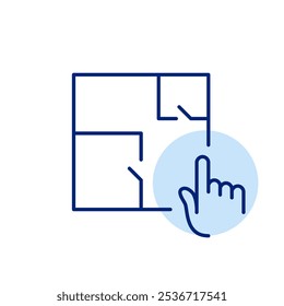 Apartamento planta de chão e toque de dedo. Acesso a imóveis com um clique. Operações de arrendamento, venda ou locação de imóveis. Ícone de vetor perfeito de pixel