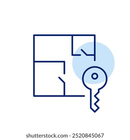 Apartment floor plan and key. Access to the unit, overview of interior design and layout. Pixel perfect vector icon