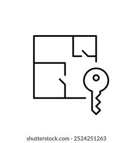 Apartment floor plan and key. Access to the unit, overview of interior design and layout. Pixel perfect, editable stroke icon