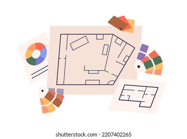 Apartment Floor Plan, Layout And Color Wheels, Palettes. House Interior Drawing, Home Project On Paper And Design Colour Samples, Tools. Flat Vector Illustration Isolated On White Background