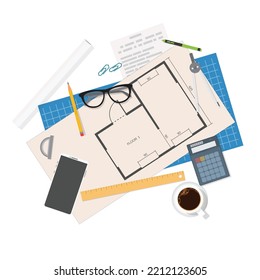 Apartment floor plan, layout with walls, doors on paper. Coffee, phone, calculator and other items. House interior plane, home project on paper with tools and appartment view.