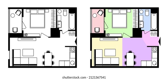 Apartment floor plan. The project is ergonomic arrangement of furniture in space. 2D plan of apartment building. Vector.