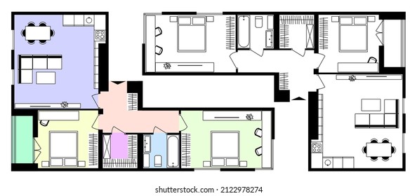 Apartment floor plan. Project of two rooms and studio kitchen. Furniture layout plan in space. Technical 2D plan. Vector.