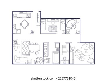 Apartment floor plan, top view. Contoured flat interior design layout with furniture overhead. Outlined house map with rooms, bathroom, kitchen. Vector illustration isolated on white background