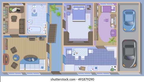 Apartment Floor Plan. (top View)
Furnished House. (view From Above)
Interior Architecture. Living Room, Bedroom, Kitchen, Bathroom, Nursery, Office, Garage.