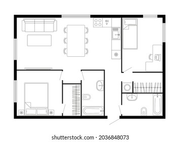 Apartment floor plan. Two bedroom apartment. Vector architecture plan of condominium, flat, house. Interior design elements kitchen, bedroom, bathroom furniture. 2D 2 bedroom apartment floor plan.