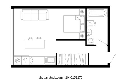 Apartment floor plan. Vector architecture studio plan of condominium, flat, house. Interior design elements kitchen, bedroom, bathroom furniture. 2D micro studio apartment floor plan.