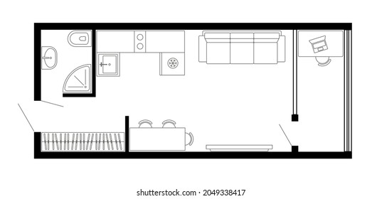 Apartment floor plan. Vector architecture micro studio plan of condominium, flat, house. 2D micro studio apartment floor plan. Design Interior elements kitchen, bedroom, bathroom furniture.