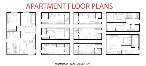 Apartment floor plans. Micro, one, two bedroom apartment. Interior design elements kitchen, bedroom, bathroom furniture. Vector architecture plan of studio, condominium, flat, house. 2D floor plans