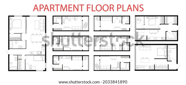 Apartment floor plans. Micro, one, two bedroom\
apartment. Interior design elements kitchen, bedroom, bathroom\
furniture. Vector architecture plan of studio, condominium, flat,\
house. 2D floor\
plans