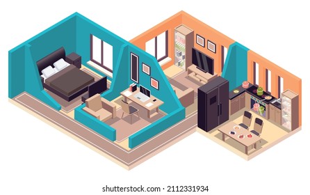 Appartementmöbel isometrische Zusammensetzung mit isolierter Aussicht auf Wohnzimmer Schlafzimmer und Küche mit modernem Interieur Vektorgrafik