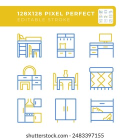 Conjunto de iconos de línea de dos colores para muebles de apartamento. Categorías de tienda online. Salón y cocina. Esenciales del dormitorio bicolor contorno iconset aislado. Pictogramas duotónicos delgados lineales. Trazo editable