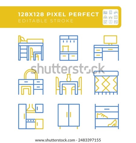 Apartment furniture two color line icons set. Online store categories. Living room and kitchen. Bedroom essentials bicolor outline iconset isolated. Duotone pictograms thin linear. Editable stroke