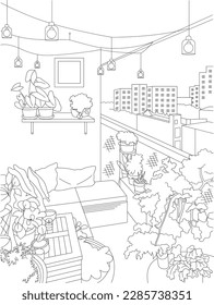 Apartment Garden Terrace Vector Line Art Illustration