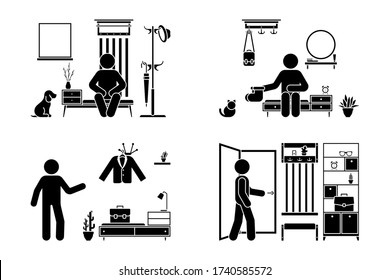 Apartment hallway design vector illustration icon set. Stick figure man in foyer entrance black and white cut out flat style silhouette pictogram