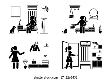 Apartment hallway design vector illustration icon set. Stick figure woman in foyer entrance black and white cut out flat style silhouette pictogram