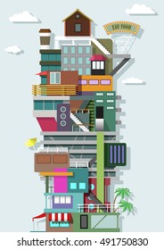 Apartment House Building Mega Construction Original Structure with Windows, Doors, Stairs, Balcony