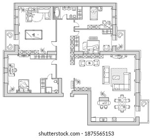 Apartment House Floor Plan With Furniture Arrangement. Interior Design View From Above. Vector Blueprint.