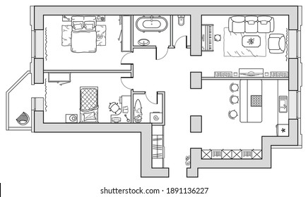 
Apartment House Floor Plan With Furniture Arrangement. Interior Design View From Above. Vector Blueprint.