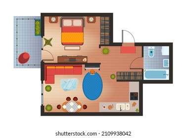 Apartment or house floor plan with furniture top view. Flat room architecture design. Home lounge, kitchen, bedroom and bathroom vector plan. Equipment for cooking, dining table, double bed