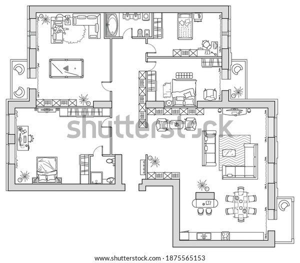 Apartment house floor plan
with furniture arrangement. Interior design view from above. Vector
blueprint.