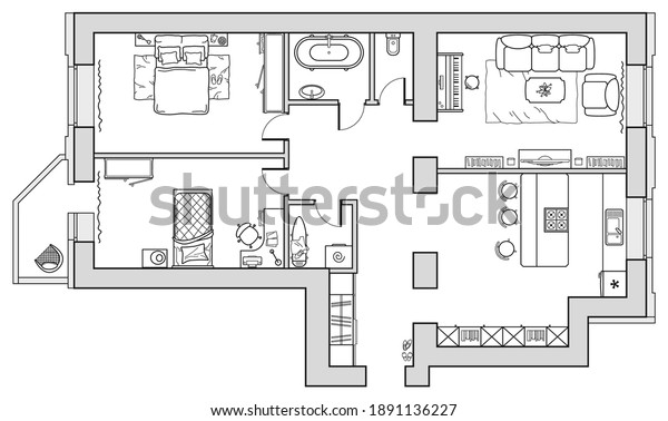 \
Apartment house floor\
plan with furniture arrangement. Interior design view from above.\
Vector blueprint.