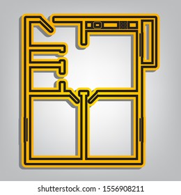 Apartment house floor plans. Flat orange icon with overlapping linear black icon with gray shadow at whitish background. Illustration.