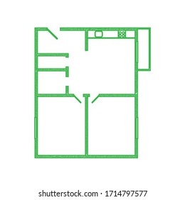 Apartment house floor plans. Green scribble Icon with solid contour on white background. Illustration.