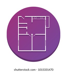 Apartment house floor plans. Vector. White icon with flat shadow on purpureus circle at white background. Isolated.