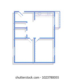 Apartment house floor plans. Vector. Neon blue icon with cyclamen polka dots pattern with light gray shadow on white background. Isolated.