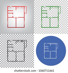 Apartment house floor plans. Vector. 4 styles. Red gradient in radial lighted background, green flat and gray scribble icons on transparent and linear one in blue circle.