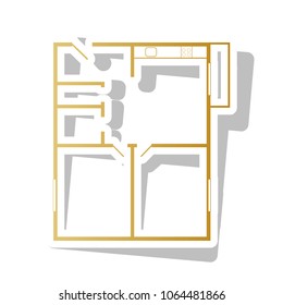 Apartment house floor plans. Vector. Golden gradient icon with white contour and rotated gray shadow at white background.