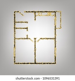 Apartment house floor plans. Vector. Blackish icon with golden stars at grayish background.