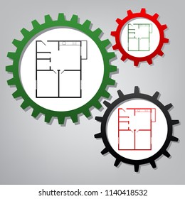 Apartment house floor plans. Vector. Three connected gears with icons at grayish background.