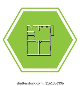 Apartment house floor plans. Vector. White icon with black shadow at yellow green honeycomb on white background.