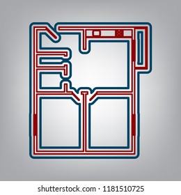 Apartment house floor plans. Vector. Dark red, transparent and midnight green stroke of white icon at grayish background.