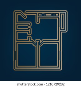 Apartment house floor plans. Vector. Golden icon and border at dark cyan background.